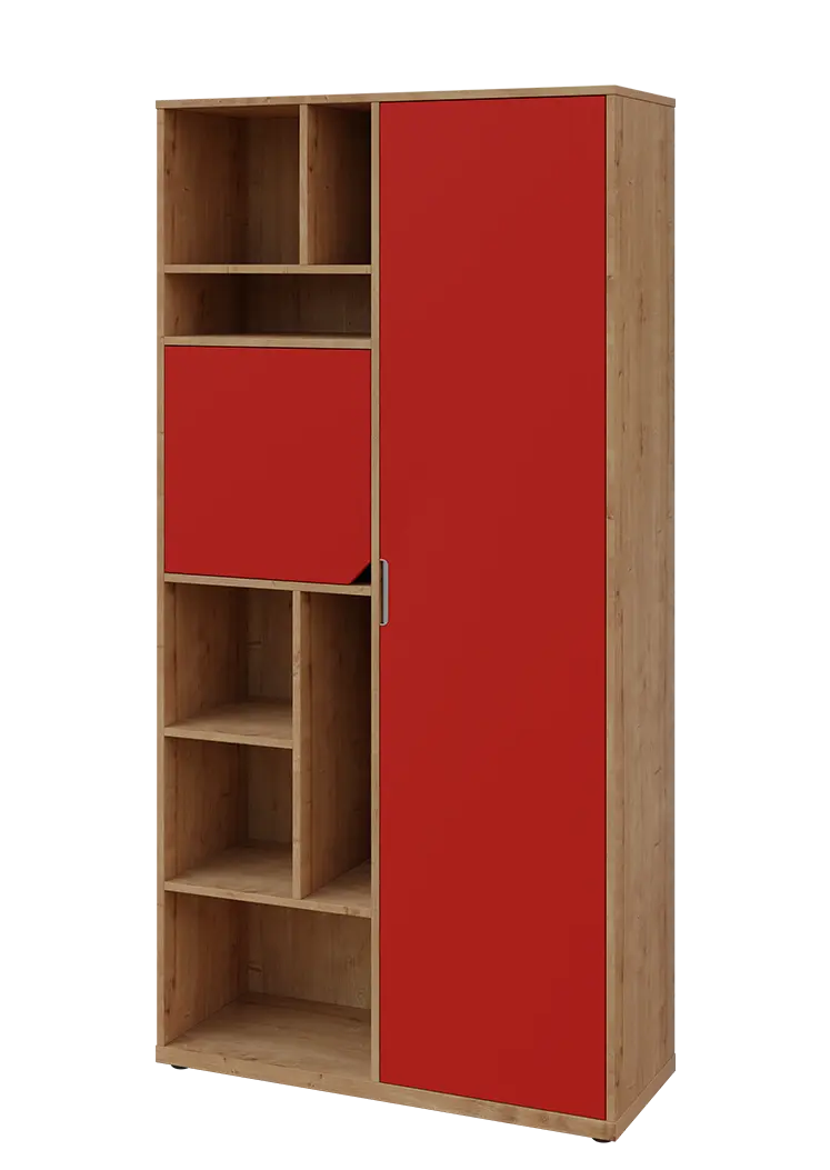 KSR6-83 P skříň šatní, 1x výsuvné ramínko, dvířka, niky, 2053x1022x400 mm, provedení pravé, dub lite/červená